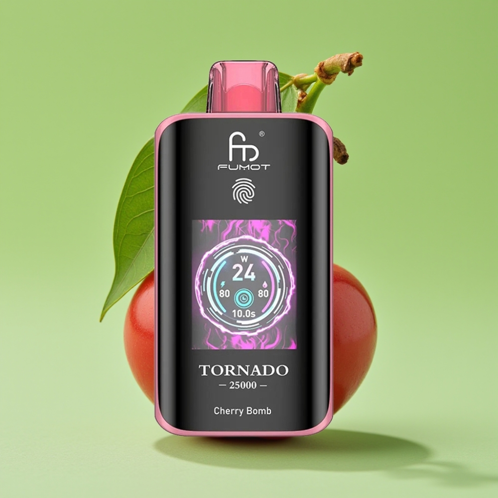 Fumot Tornado 25000 Puffs HD Ekran, 700mAh Baterija, 20ml Tekućina, Tip-C Punjenje, Okus Trešnje Bombe