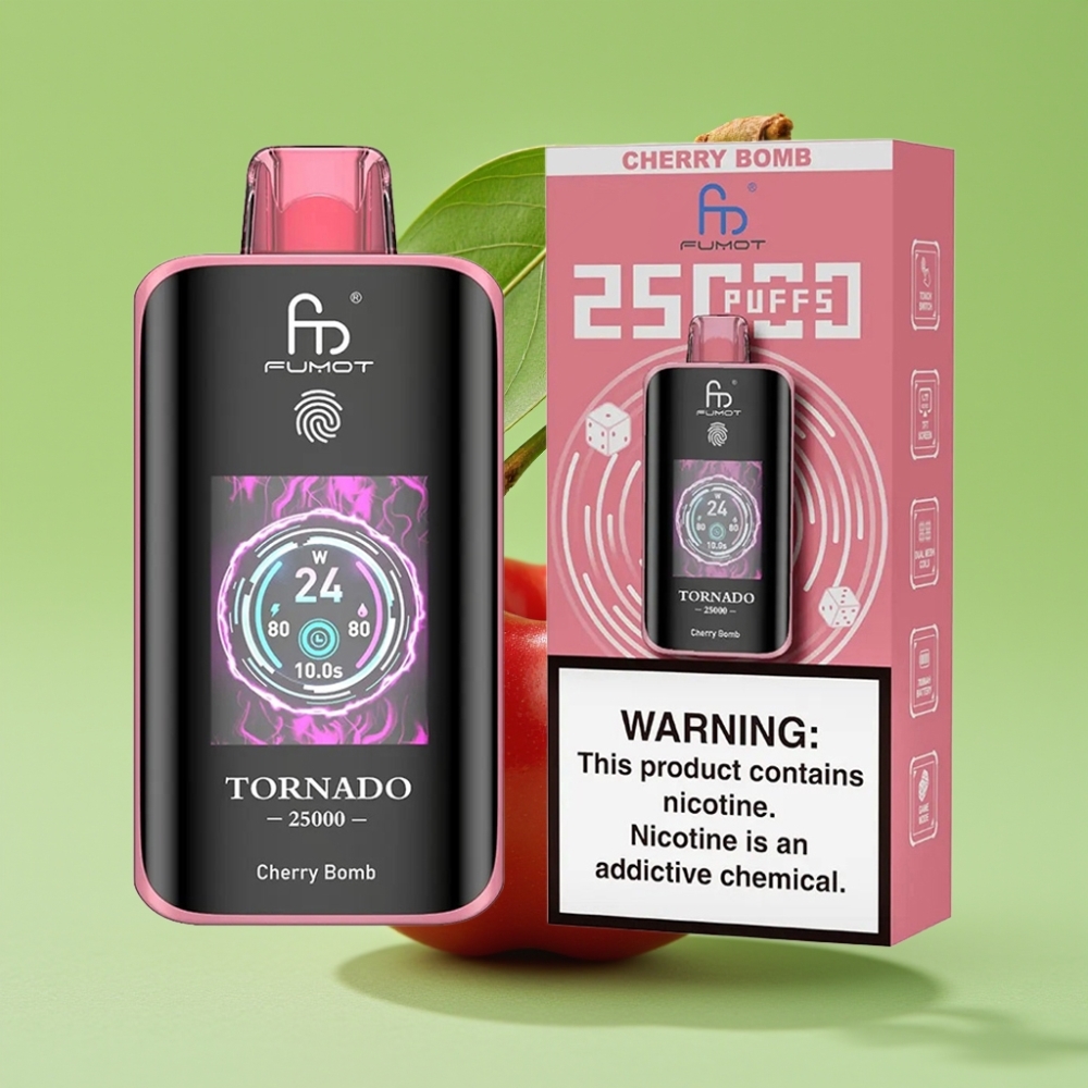 Fumot Tornado 25000 Puffs HD Ekran, 700mAh Baterija, 20ml Tekućina, Tip-C Punjenje, Okus Trešnje Bombe