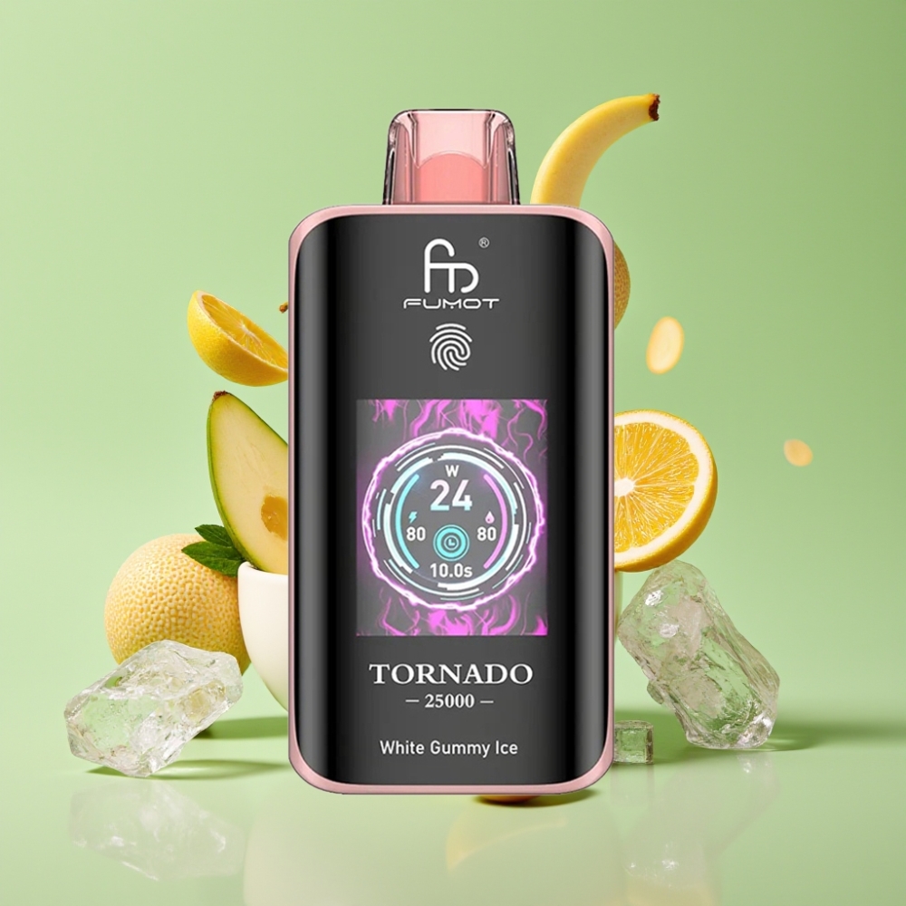 Fumot Tornado 25000 Pultsa Jednokratna Vape Bijeli Gumeni Led, HD Ekran, 700mAh Baterija, Type-C Punjenje