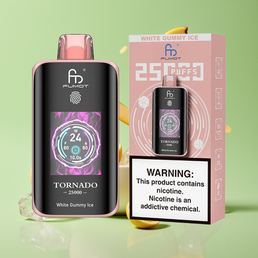 Fumot Tornado 25000 Pultsa Jednokratna Vape Bijeli Gumeni Led, HD Ekran, 700mAh Baterija, Type-C Punjenje